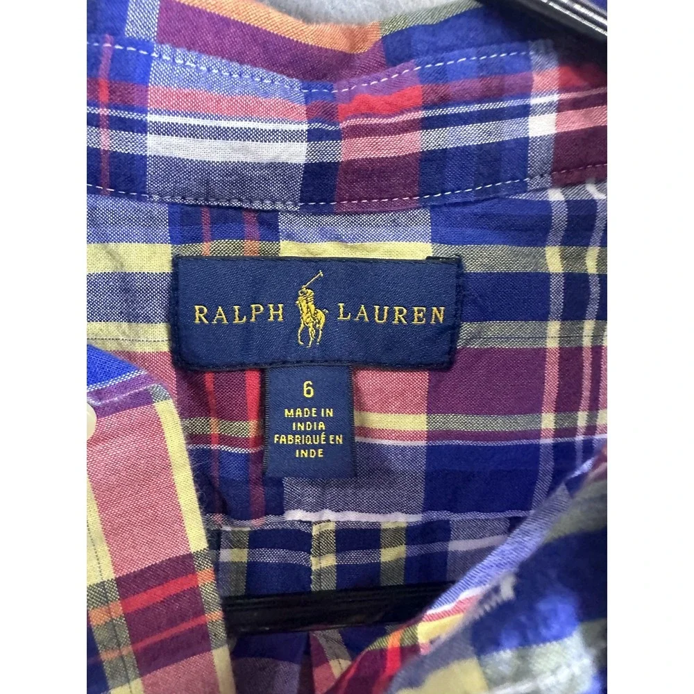 Ralph Lauren Shirt Boys 6 Multicolor Plaid Short Sleeve Button‎ Down Pony Logo